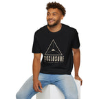 Man wearing black UFO disclosure t-shirt with a Black Triangle delta-wing craft inside an upward-pointing targeting triangle with sight lines and the words DISCLOSURE VECTOR LOCK