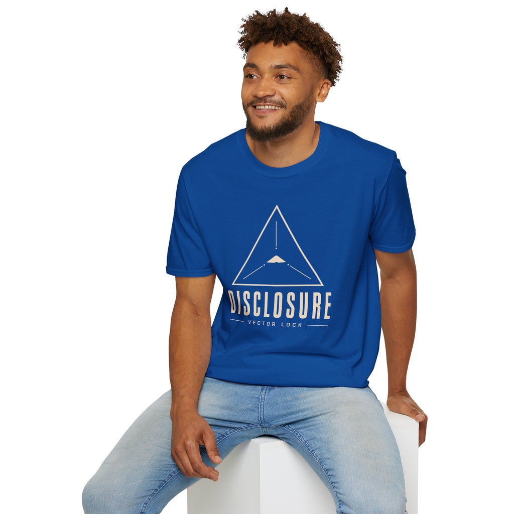 Man wearing blue UFO disclosure t-shirt with a Black Triangle delta-wing craft inside an upward-pointing targeting triangle with sight lines and the words DISCLOSURE VECTOR LOCK