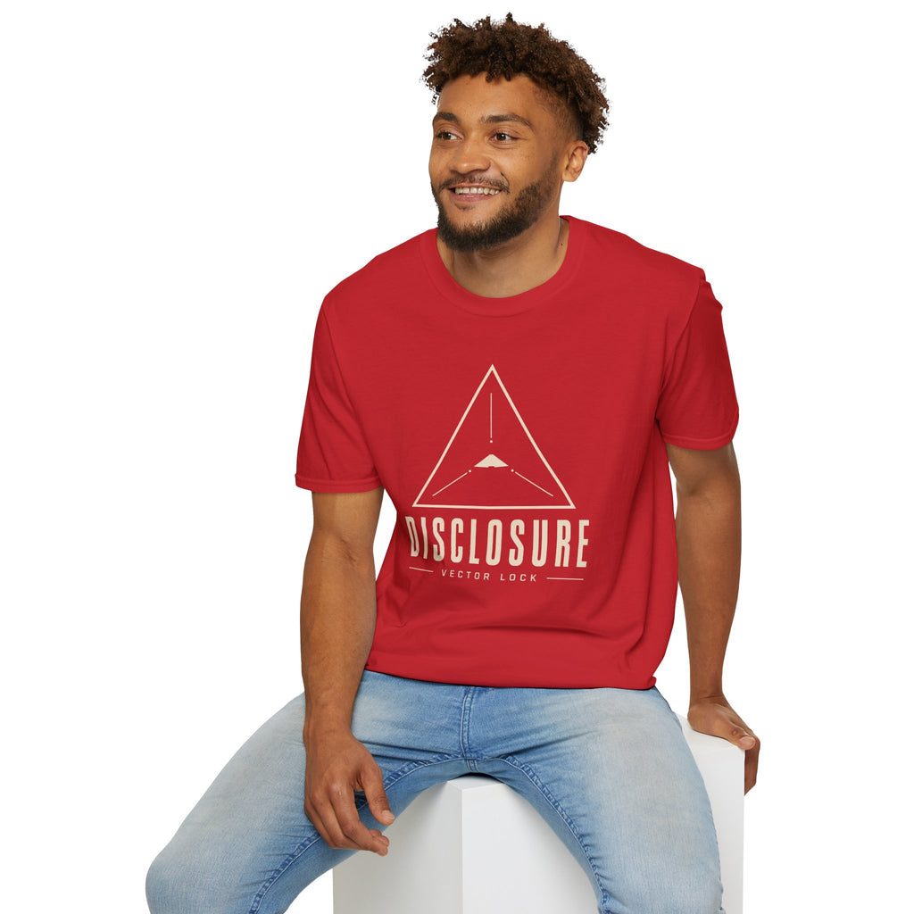Man wearing red UFO disclosure t-shirt with a Black Triangle delta-wing craft inside an upward-pointing targeting triangle with sight lines and the words DISCLOSURE VECTOR LOCK