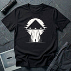 Black triangle UFO black t-shirt with lone figure silhouette and light beam against moon