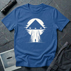Black triangle UFO blue t-shirt with lone figure silhouette and light beam against moon