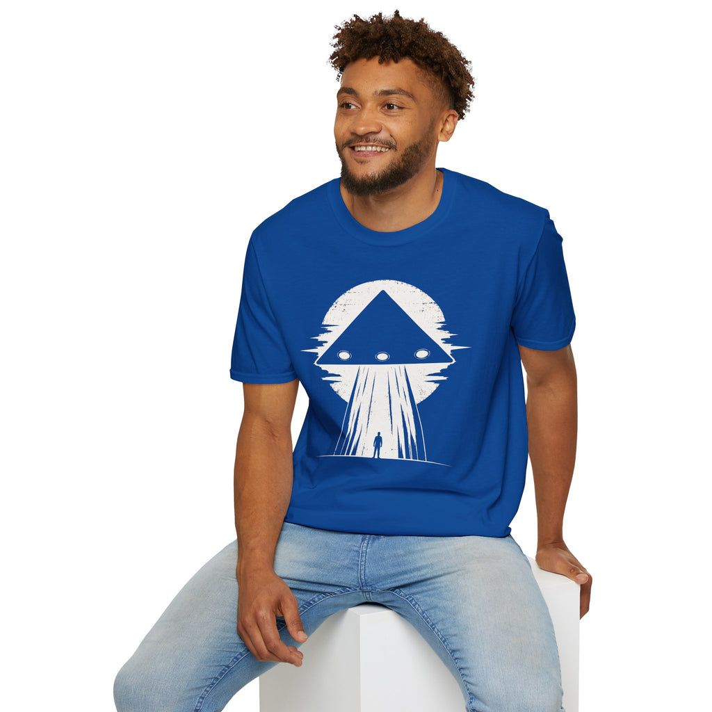 Man in black triangle UFO blue t-shirt with lone figure silhouette and light beam against moon