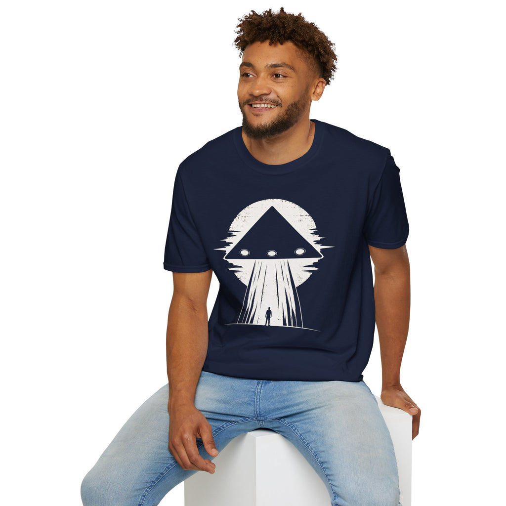 Man in black triangle UFO navy blue t-shirt with lone figure silhouette and light beam against moon