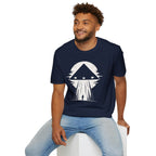 Man in black triangle UFO navy blue t-shirt with lone figure silhouette and light beam against moon