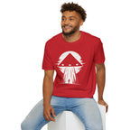 Man in black triangle UFO red t-shirt with lone figure silhouette and light beam against moon