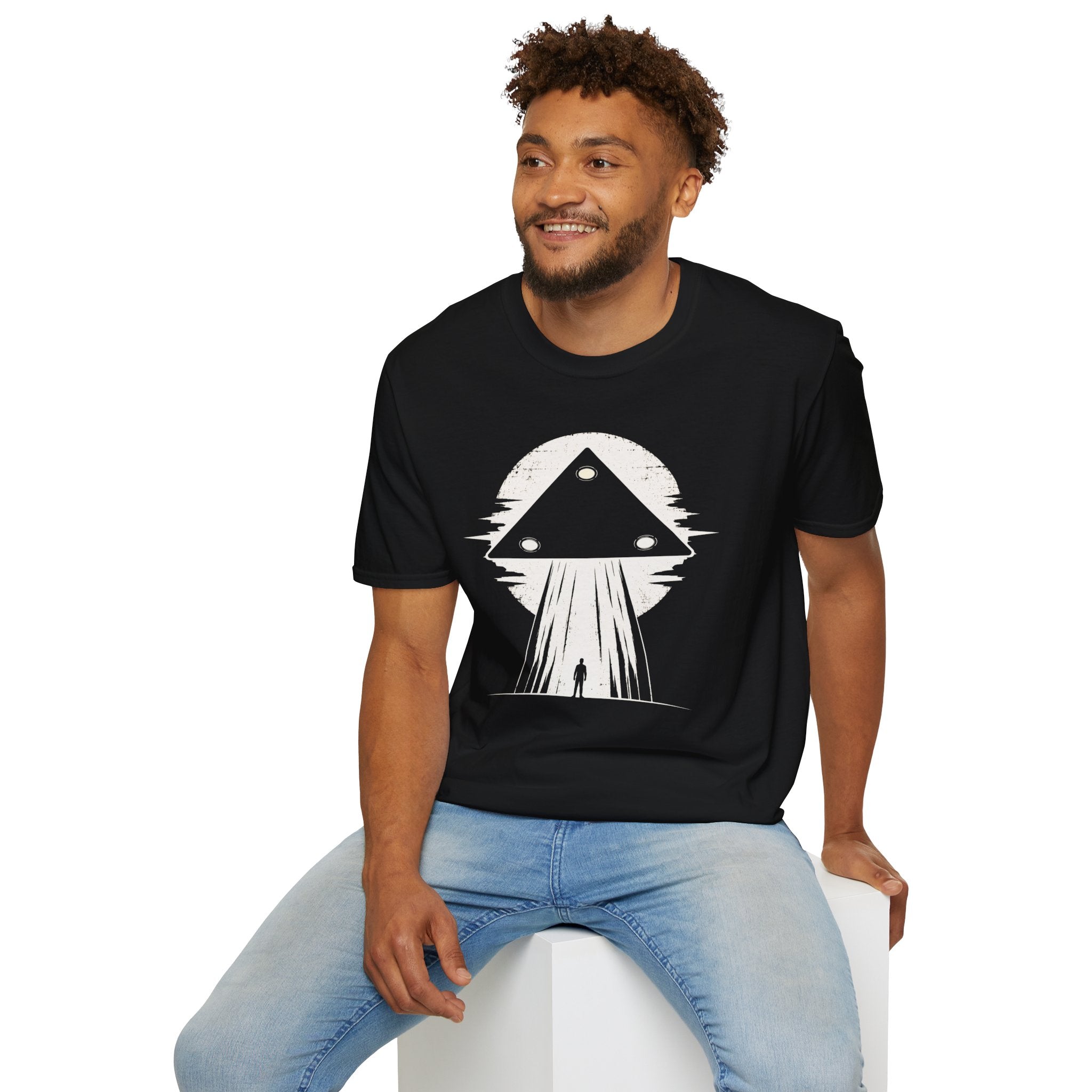 Black triangle UFO t-shirt with lone figure silhouette and light beam against the moon, black