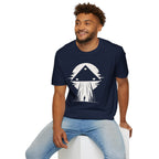 Black triangle UFO t-shirt with lone figure silhouette and light beam against the moon, navy blue