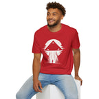 Black triangle UFO t-shirt with lone figure silhouette and light beam against the moon, red