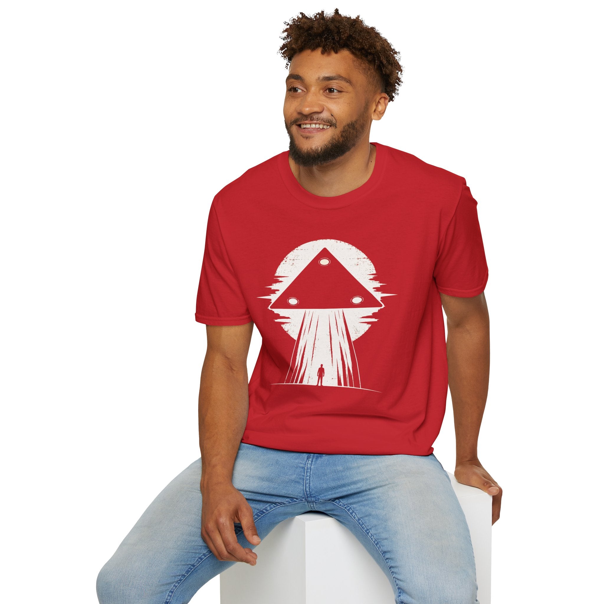Black triangle UFO t-shirt with lone figure silhouette and light beam against the moon, red