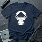 Black triangle UFO navy blue t-shirt with lone figure silhouette and light beam against moon