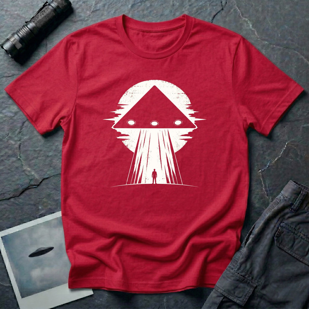 Black triangle UFO red t-shirt with lone figure silhouette and light beam against moon