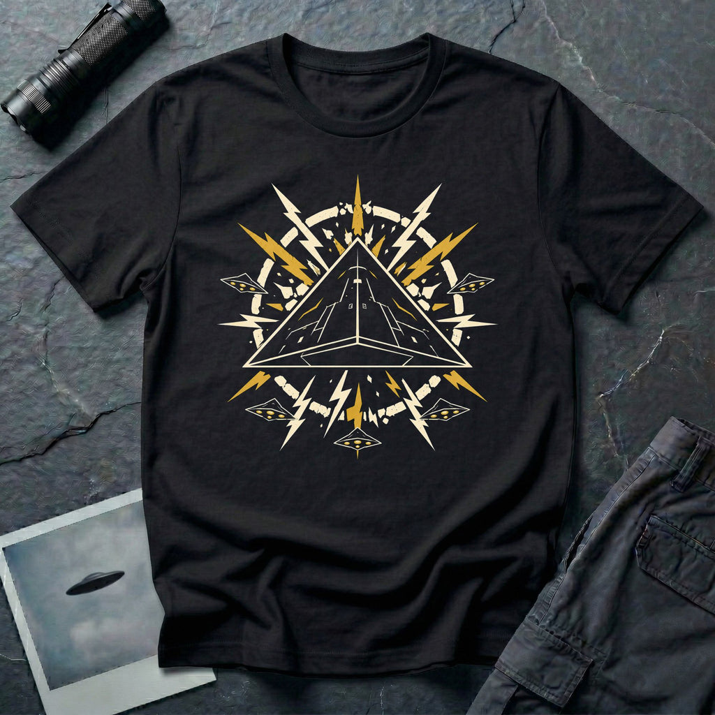 Black triangle UFO black t-shirt with pop art emblem, lightning bolts, and surrounding craft formation
