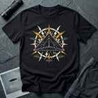 Black triangle UFO black t-shirt with pop art emblem, lightning bolts, and surrounding craft formation