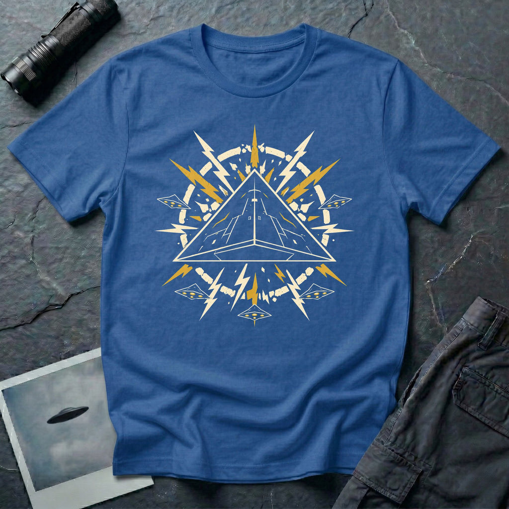 Black triangle UFO royal blue t-shirt with pop art emblem, lightning bolts, and surrounding craft formation
