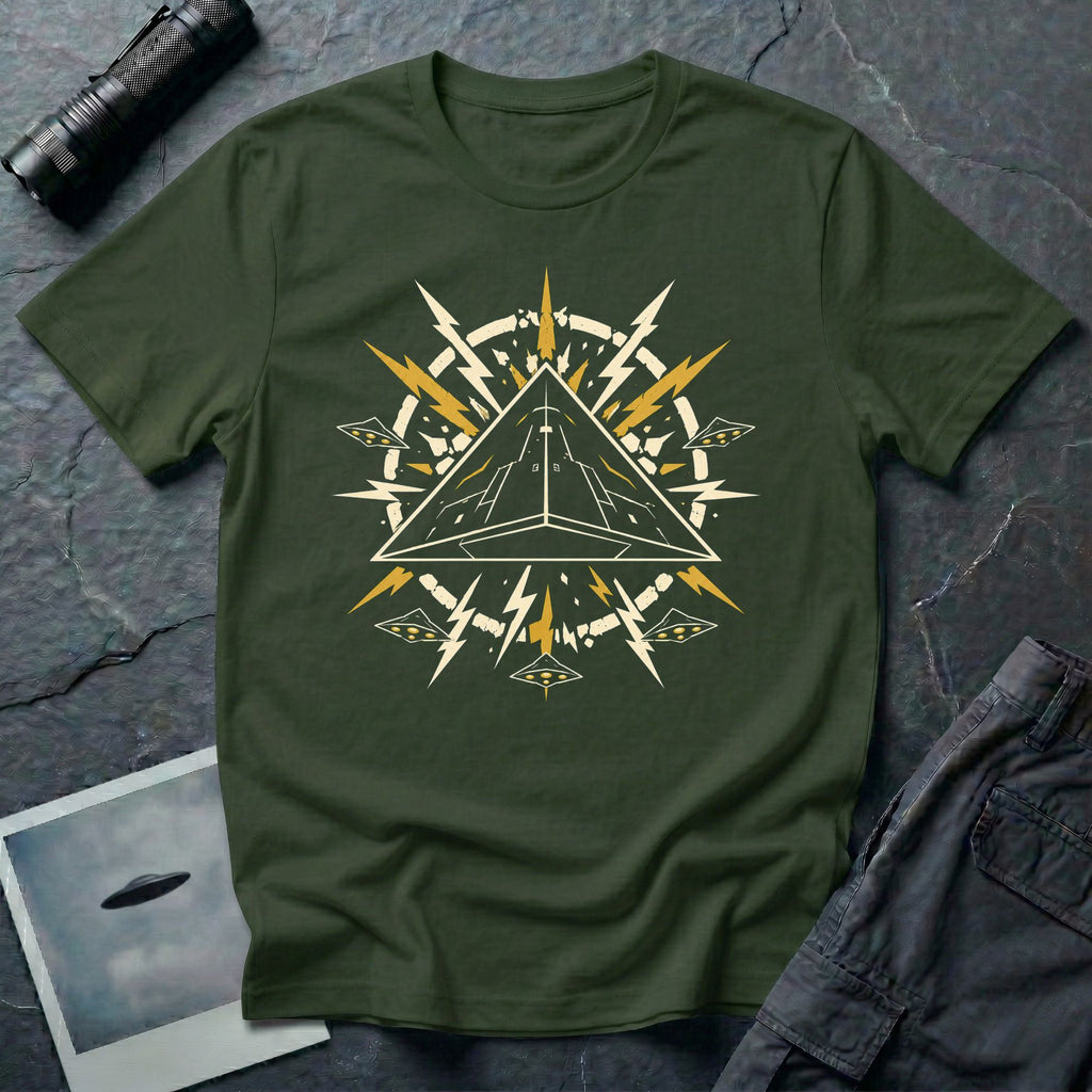 Black triangle UFO military green t-shirt with pop art emblem, lightning bolts, and surrounding craft formation