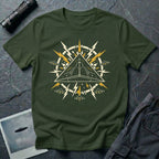 Black triangle UFO military green t-shirt with pop art emblem, lightning bolts, and surrounding craft formation