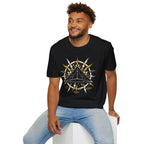 Man wearing Black Triangle UFO black t-shirt with pop art emblem, lightning bolts, and surrounding craft formation