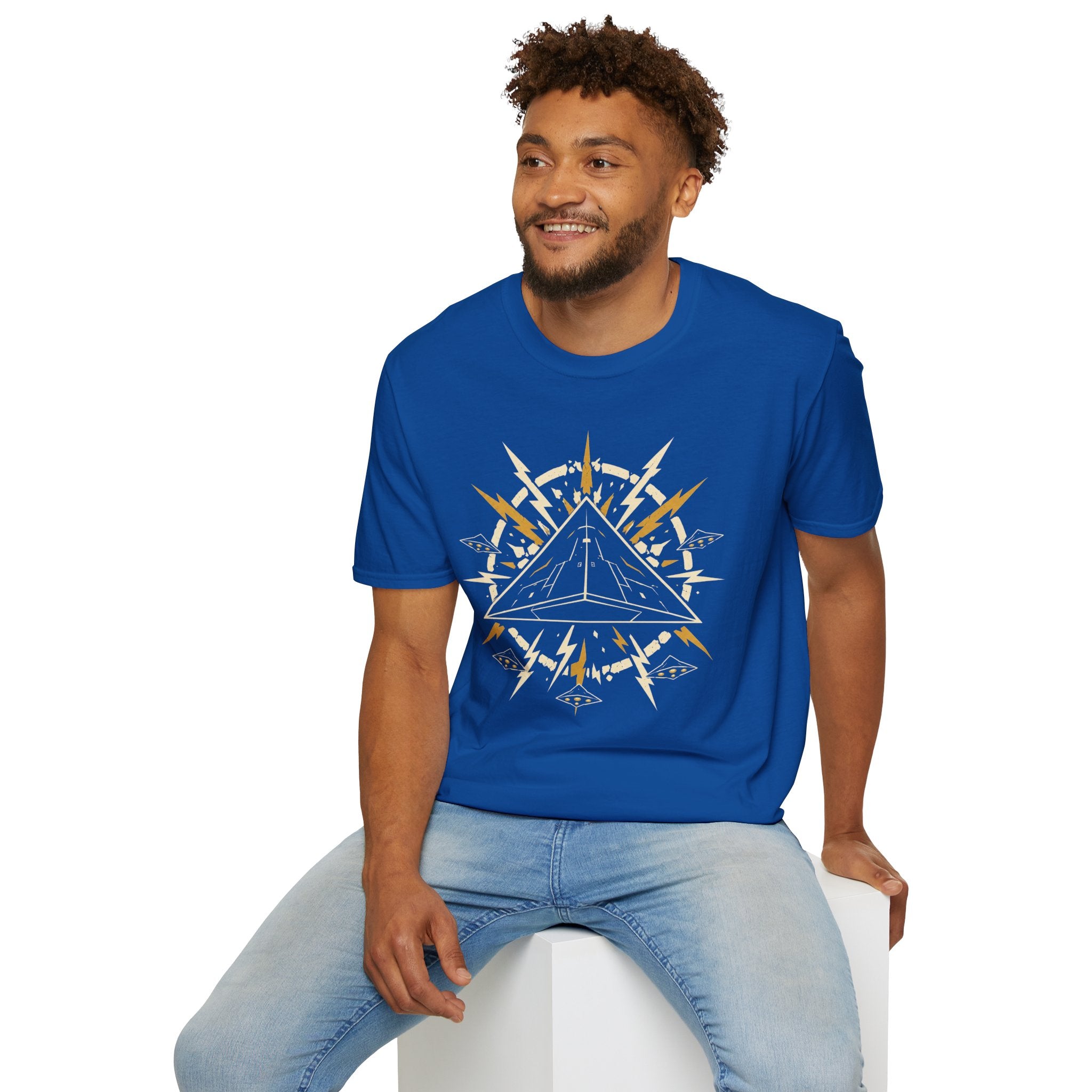 Man wearing Black triangle UFO royal blue t-shirt with pop art emblem, lightning bolts, and surrounding craft formation