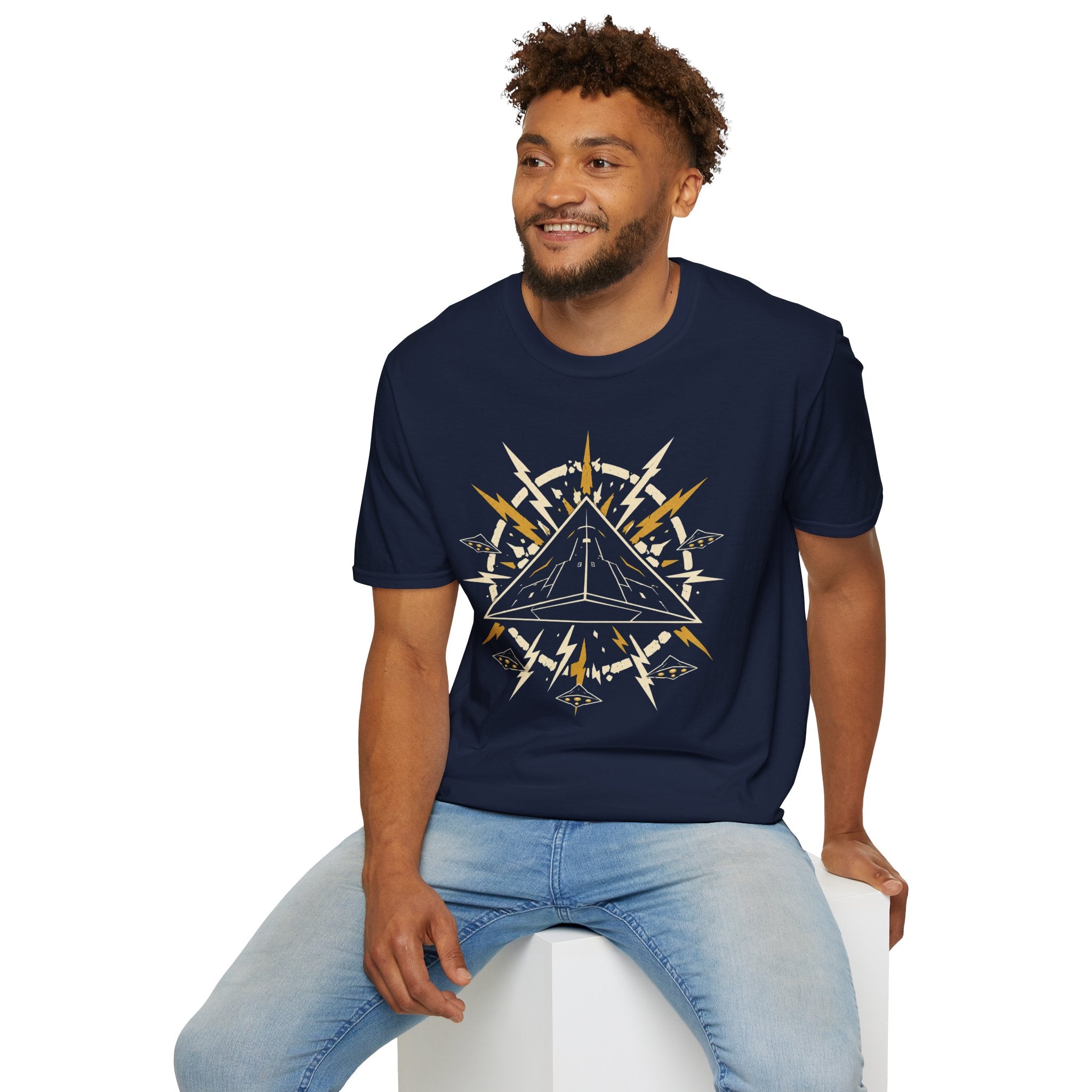 Man wearing Black triangle UFO navy blue t-shirt with pop art emblem, lightning bolts, and surrounding craft formation
