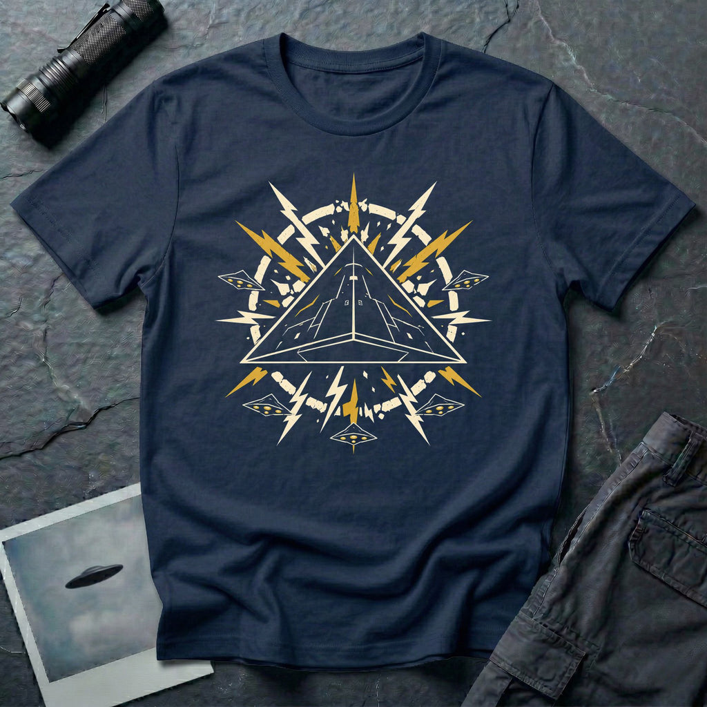 Black Triangle UFO navy blue t-shirt with pop art emblem, lightning bolts, and surrounding craft formation