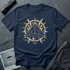 Black Triangle UFO navy blue t-shirt with pop art emblem, lightning bolts, and surrounding craft formation