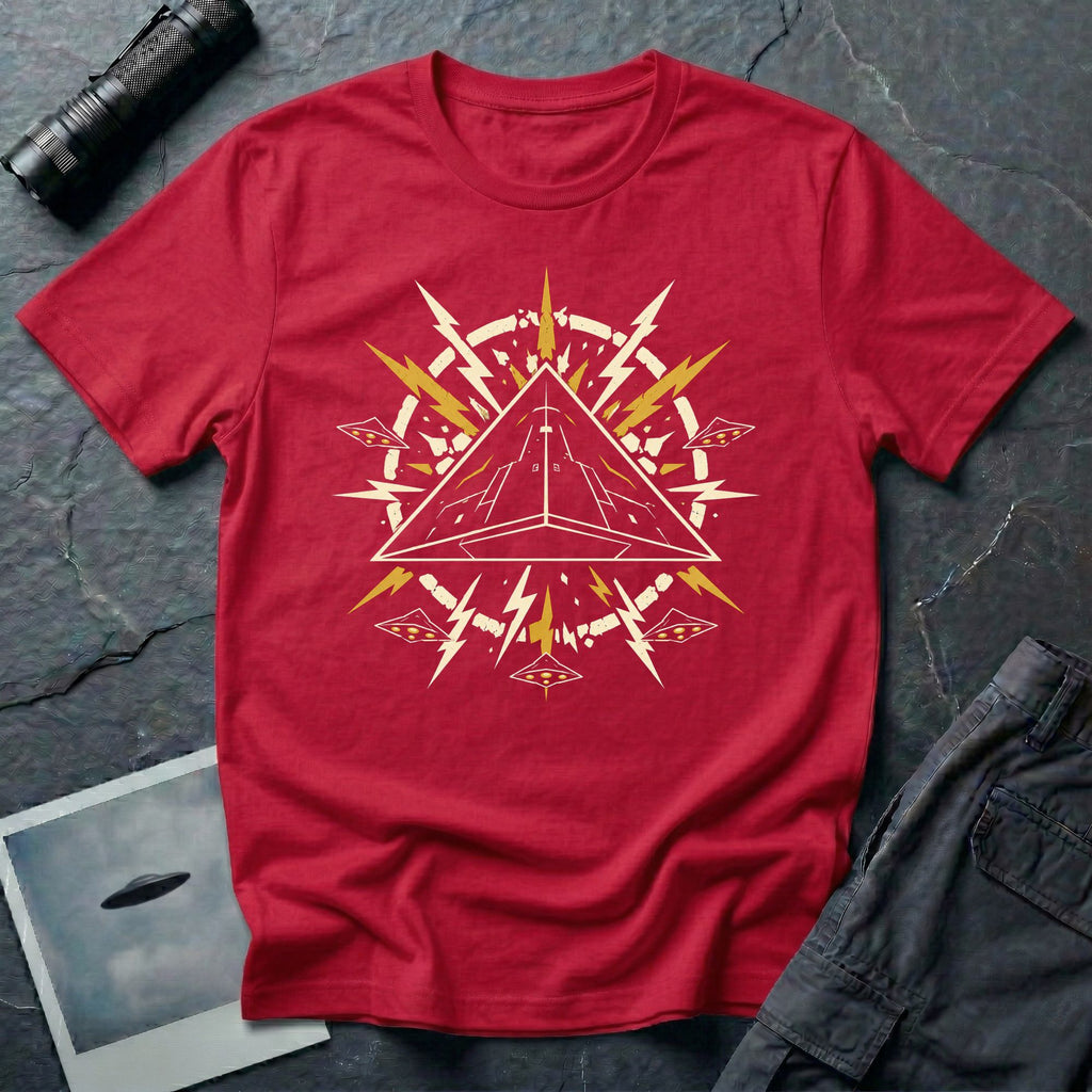 Black triangle UFO red t-shirt with pop art emblem, lightning bolts, and surrounding craft formation