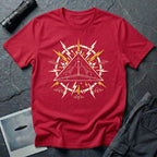 Black triangle UFO red t-shirt with pop art emblem, lightning bolts, and surrounding craft formation