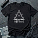 Black triangle UFO t-shirt, ornate sigil design with central sun and eye motif, gothic rock lettering below, black