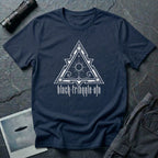 Black triangle UFO t-shirt, ornate sigil design with central sun and eye motif, gothic rock lettering below, navy blue