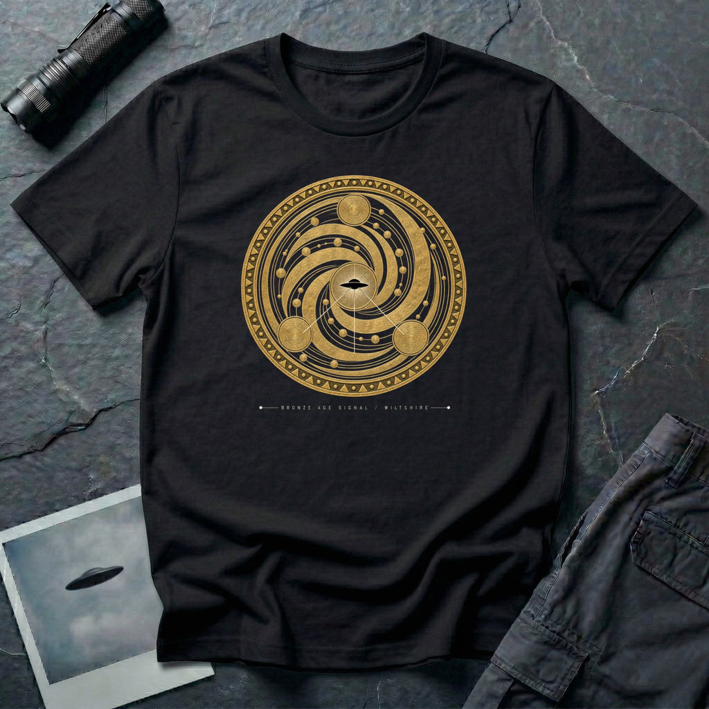 t-shirt with gold concentric sacred geometry circle and UFO at centre and Bronze Age Signal Wiltshire caption, black