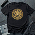 t-shirt with gold concentric sacred geometry circle and UFO at centre and Bronze Age Signal Wiltshire caption, black