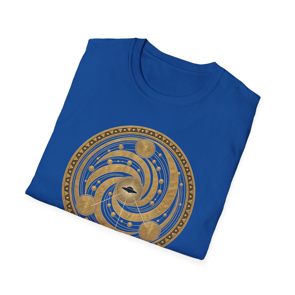 t-shirt with gold concentric sacred geometry circle and UFO at centre and Bronze Age Signal Wiltshire caption, royal blue
