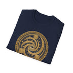 t-shirt with gold concentric sacred geometry circle and UFO at centre and Bronze Age Signal Wiltshire caption, navy blue