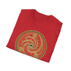 t-shirt with gold concentric sacred geometry circle and UFO at centre and Bronze Age Signal Wiltshire caption, red