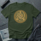 t-shirt with gold concentric sacred geometry circle and UFO at centre and Bronze Age Signal Wiltshire caption, military green