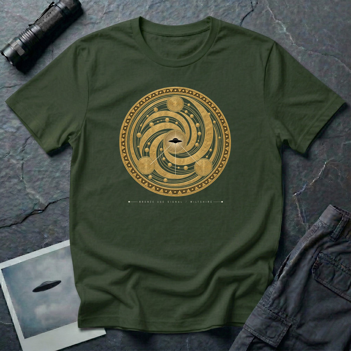 t-shirt with gold concentric sacred geometry circle and UFO at centre and Bronze Age Signal Wiltshire caption, military green