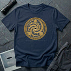 T-shirt with gold concentric sacred geometry circle and UFO at centre and Bronze Age Signal Wiltshire caption, navy blue