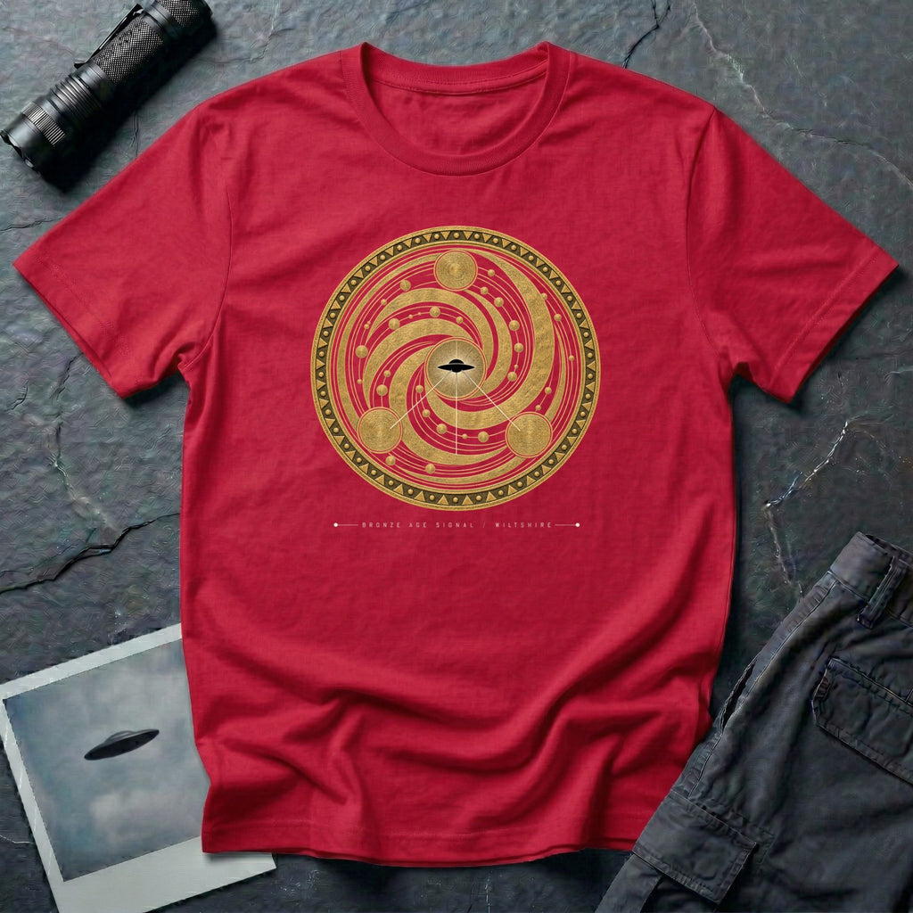 t-shirt with gold concentric sacred geometry circle and UFO at centre and Bronze Age Signal Wiltshire caption, red