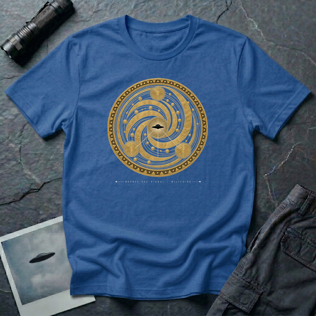 t-shirt with gold concentric sacred geometry circle and UFO at centre and Bronze Age Signal Wiltshire caption, royal blue