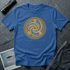 t-shirt with gold concentric sacred geometry circle and UFO at centre and Bronze Age Signal Wiltshire caption, royal blue