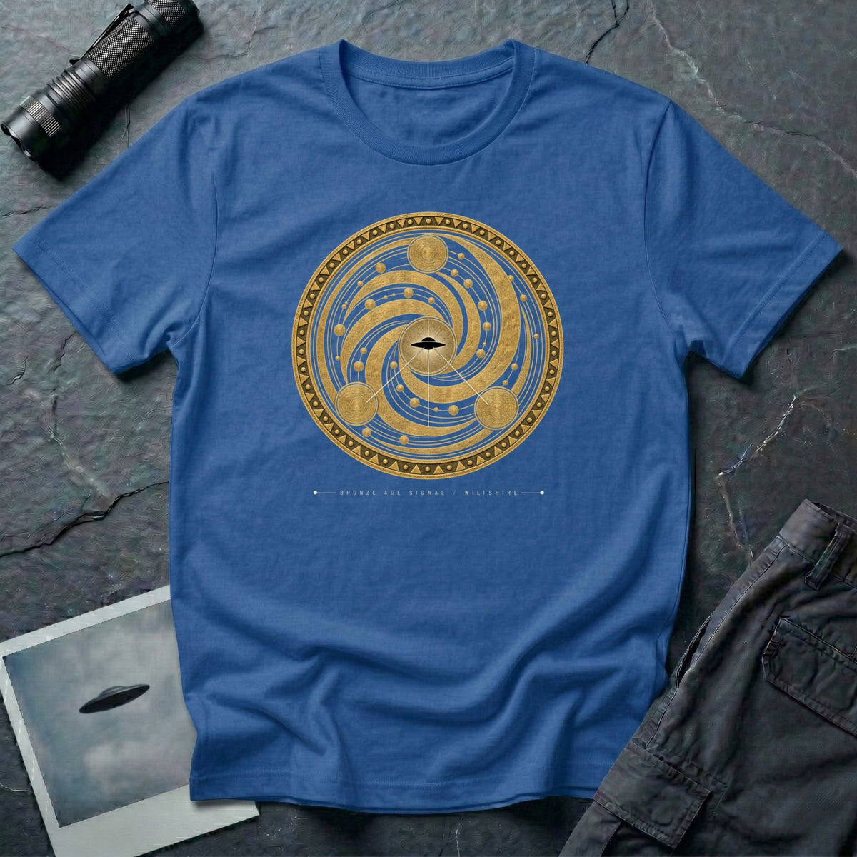 t-shirt with gold concentric sacred geometry circle and UFO at centre and Bronze Age Signal Wiltshire caption, royal blue