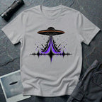 Carrier Wave UFO graphic t-shirt with black saucer emitting a purple and black audio frequency waveform, grey