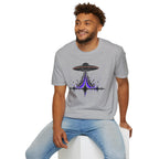 Carrier Wave UFO graphic t-shirt with black saucer emitting a purple and black audio frequency waveform, grey, worn by a model