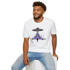 Carrier Wave UFO graphic t-shirt with black saucer emitting a purple and black audio frequency waveform, white, worn by a model