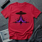 Carrier Wave UFO graphic t-shirt with black saucer emitting a purple and black audio frequency waveform, red