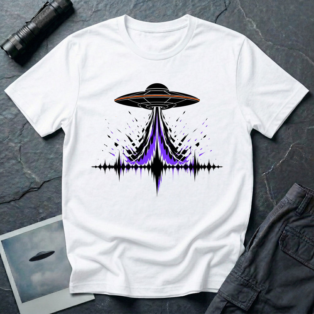 Carrier Wave UFO graphic t-shirt with black saucer emitting a purple and black audio frequency waveform, white