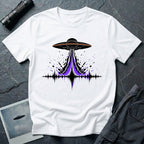 Carrier Wave UFO graphic t-shirt with black saucer emitting a purple and black audio frequency waveform, white