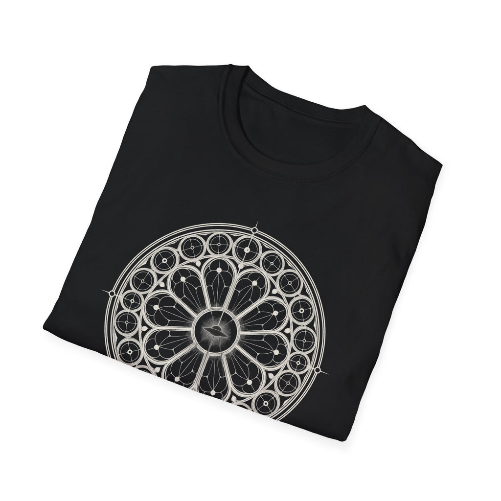 Black t-shirt with white Gothic rose window sacred geometry design and UFO silhouette at the centre