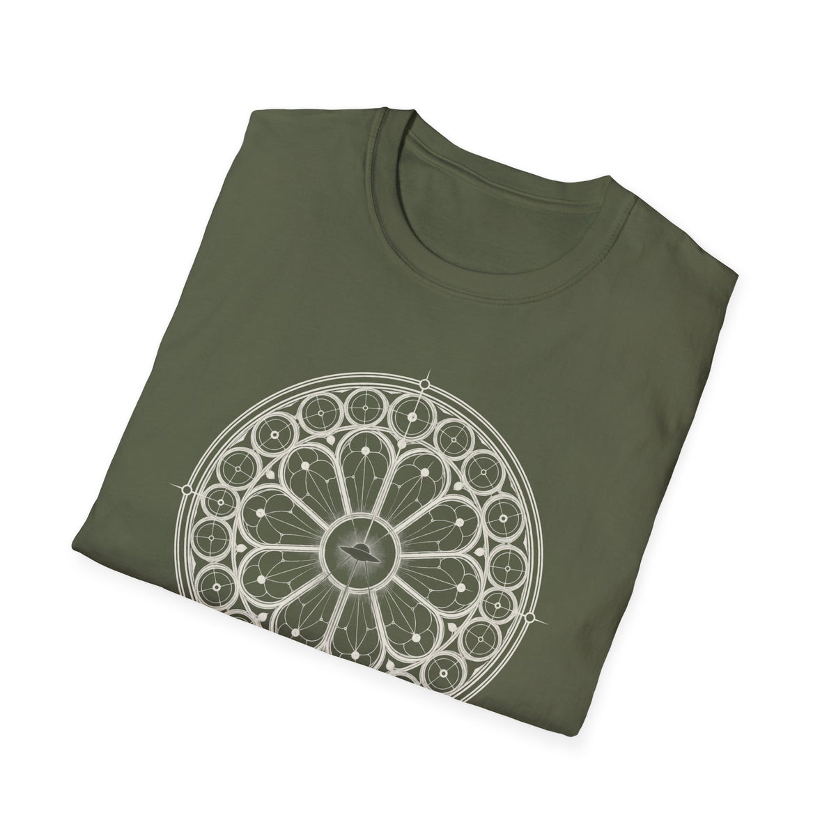 Green t-shirt with white Gothic rose window sacred geometry design and UFO silhouette at the centre