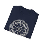 Navy blue t-shirt with white Gothic rose window sacred geometry design and UFO silhouette at the centre